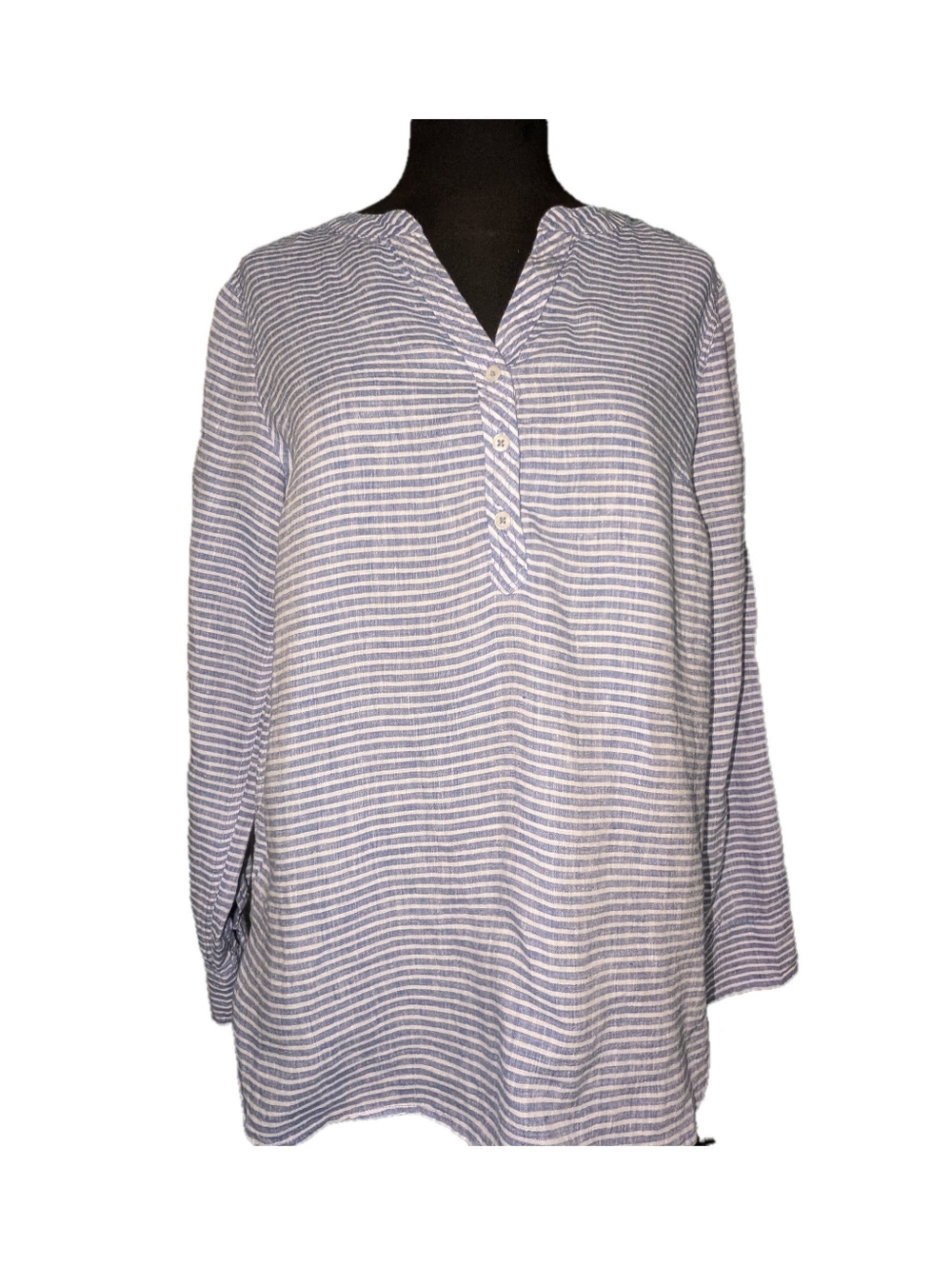 Talbots Linen Blue And White Striped Popover Top, Size Medium
